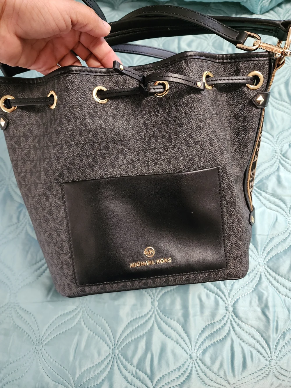 Michael Kors Black Logo Drawstring Shoulder Bag